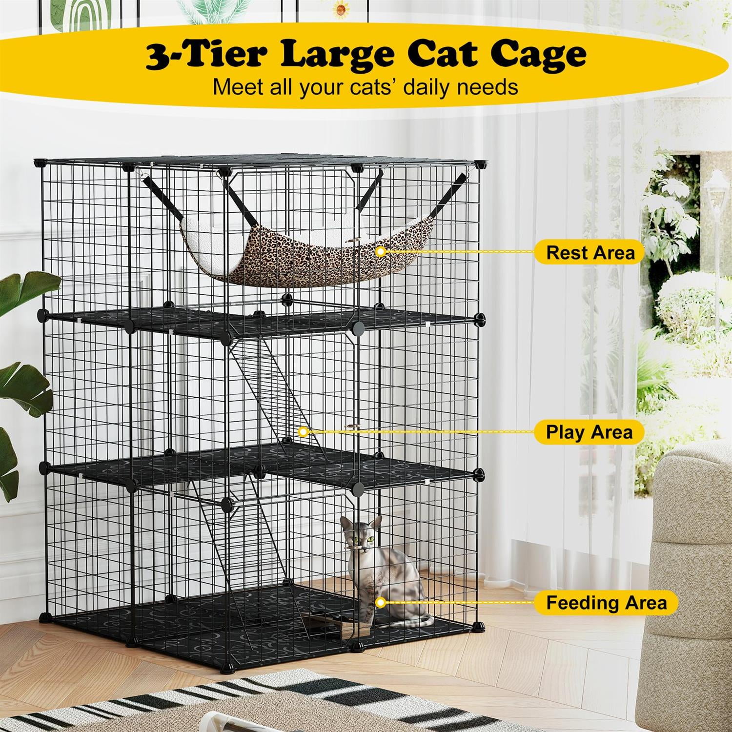 Demi Bonn 3-Tier Indoor Cat Cage, Detachable Metal Wire Kennel, Hammock & Climbing Ladder, Black