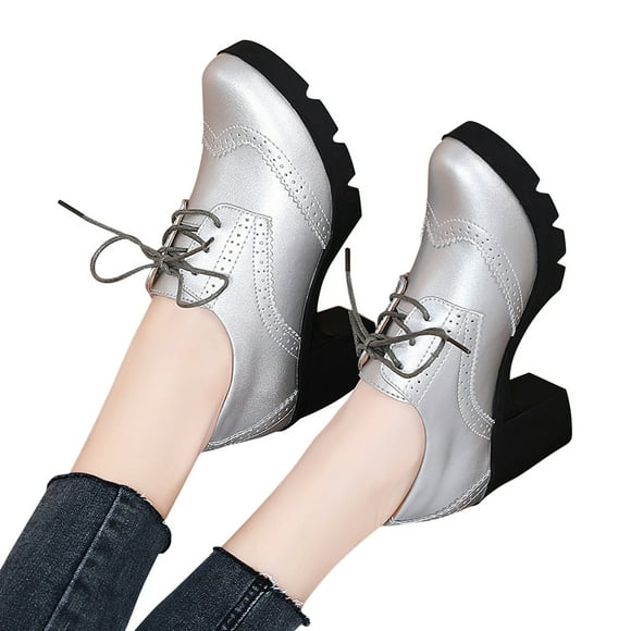 Women's Leather Classic Lace Up Platform Chunky Mid-Heel Square Toe Oxfords Dress Pump Shoes