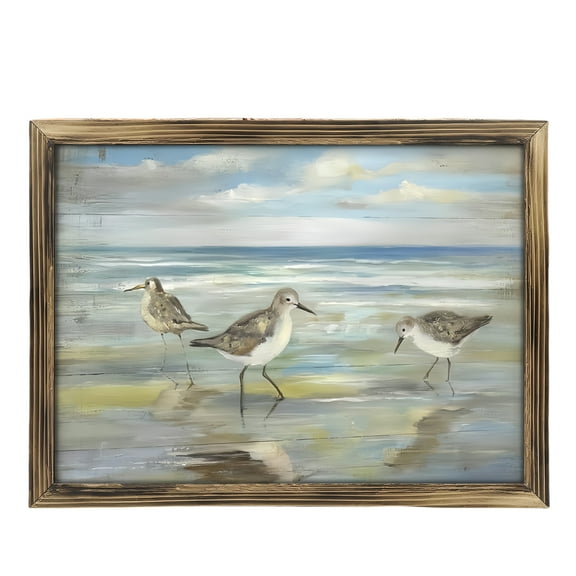 Paintings Art Prints : Coastal Beach Framed Wooden Art Prints Wall Art, Abstract Ocean Oil Painting Peaceful Sea Birds Picture Seaside Seascape Artwork Sandpipers Prints for Bedroom12x16in