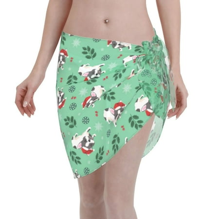 Adobk Women Beach Sarong Bathing Suit Christmas French Bulldog Print Wrap Skirt Sheer Bikini Swimsuit Cover Ups For Swimwear