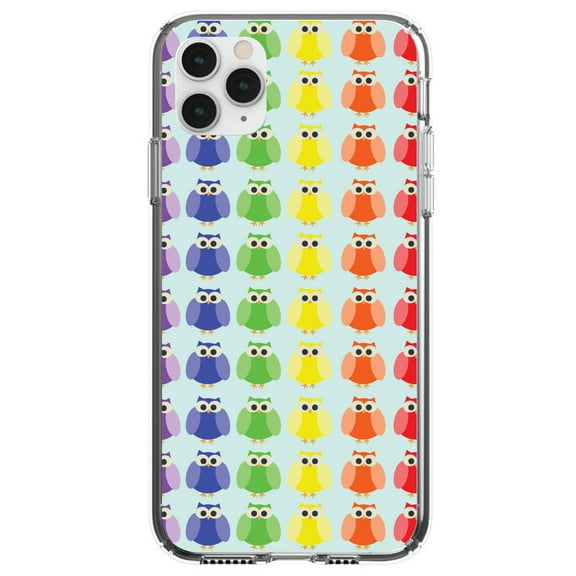 DistinctInk Clear Shockproof Hybrid Case for iPhone 12 Pro MAX (6.7" Screen) - TPU Bumper, Acrylic Back, Tempered Glass Screen Protector - Rainbow Owls Cartoon - Cartoon Owls