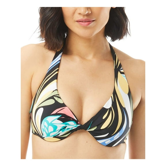 COCO REEF Women's Black Printed Stretch Twist Front Deep V Neck Verso Bra Swimsuit Top 36-38C