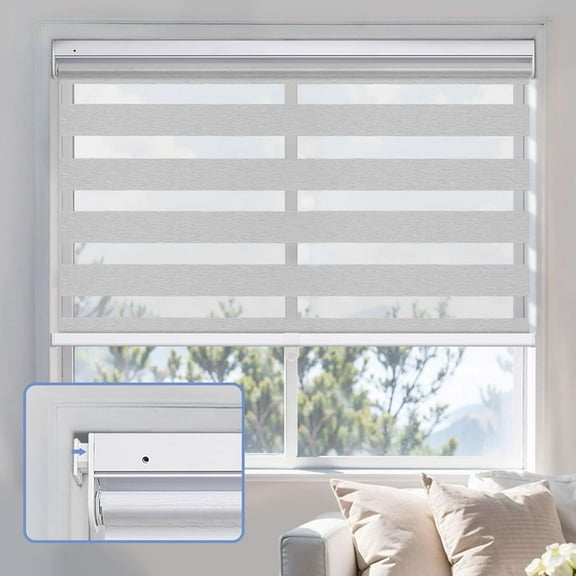 EnjinZZ No Drill Zebra Blinds No Tools Zebra Shades Cordless Roller Shades for Windows Dual Layer Roller Blinds Room Darkening Custom Size for Indoor, Light Filtering Gray, 23" W x 72" H