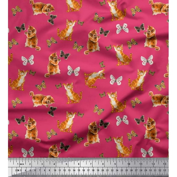 Soimoi Pink Rayon Fabric Insect & Cat Animal Print Sewing Fabric BTY 56 Inch Wide