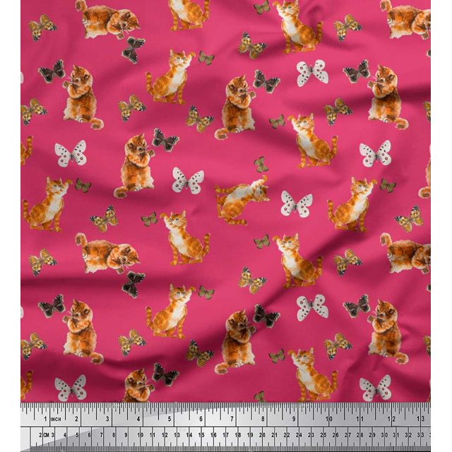 Soimoi Pink Rayon Fabric Insect & Cat Animal Print Sewing Fabric BTY 56 Inch Wide