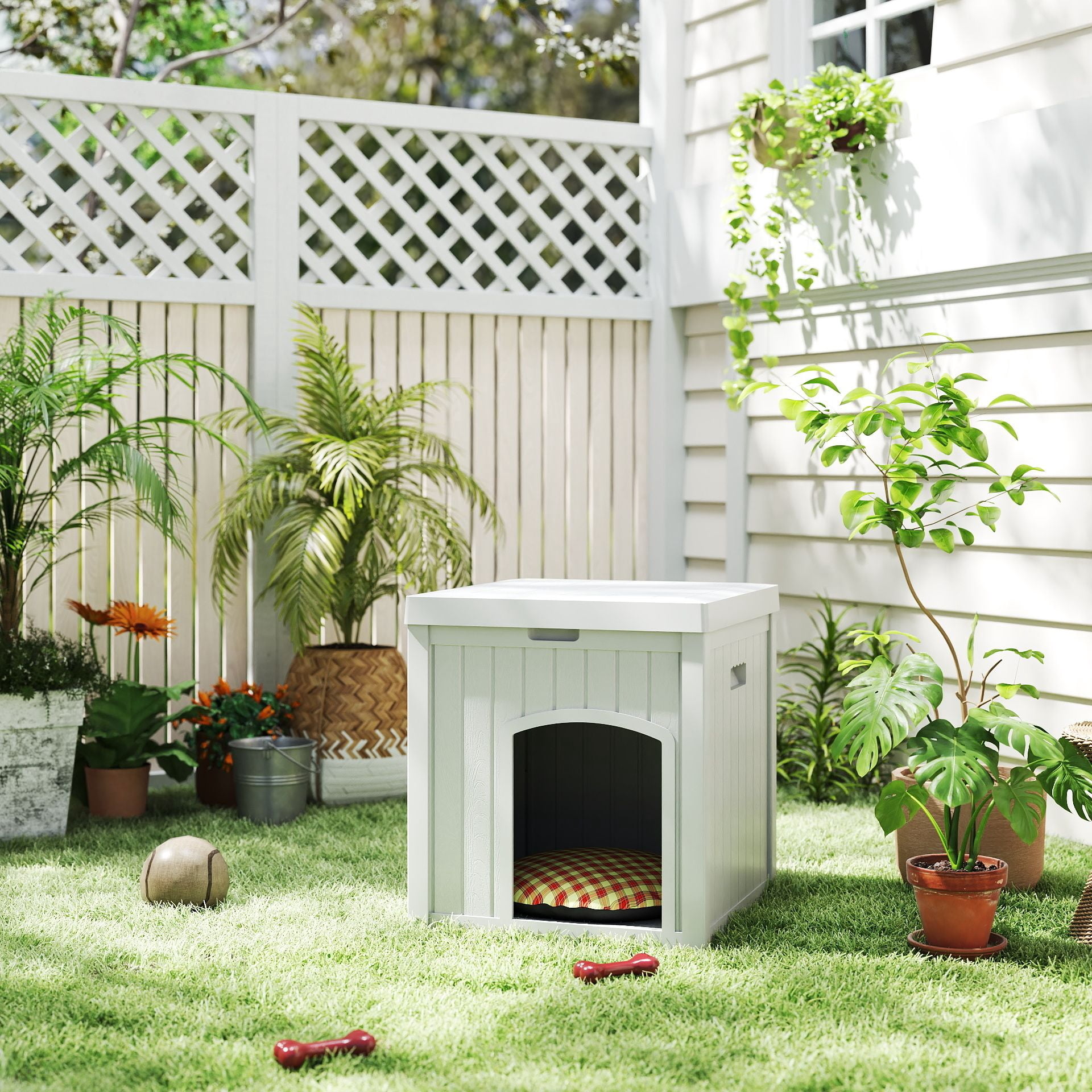 ZYJOYY Outdoor Cat House Weatherproof for Cats, Resin Plastic Kitty Shelter with Openable Flip Lid & Elevated Floor, Indoor Outdoor Cat House for Stray Cats, Easy to Clean,White,