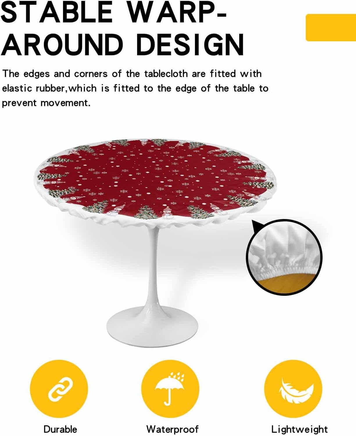 Christmas Round Tablecloth Fitted Table Cover, Elastic Tablecloths Waterproof Outdoor Indoor Stretch Cloth Tablecover for Dinner, Party, Shower, Winter Snowflake Red Snowman 36-44IN