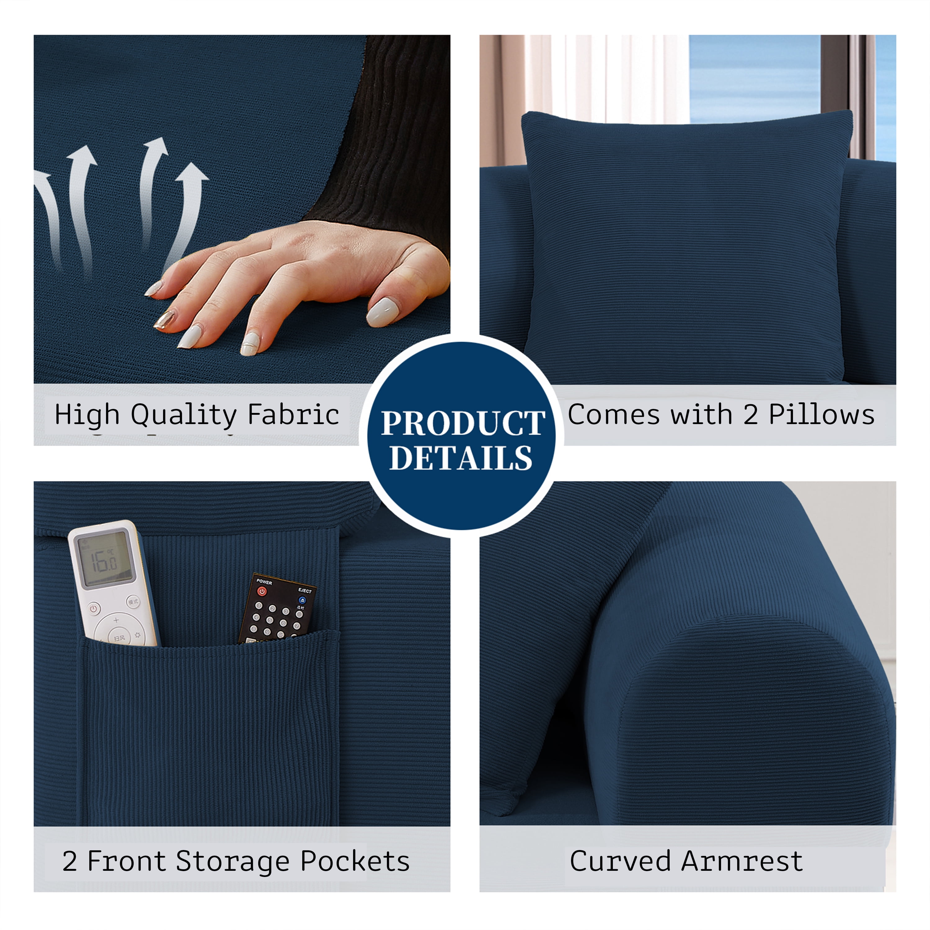 AC PACIFIC 3-Seater Low-Profile with Pillows & Storage – Pocketed Springs,Navy Blue