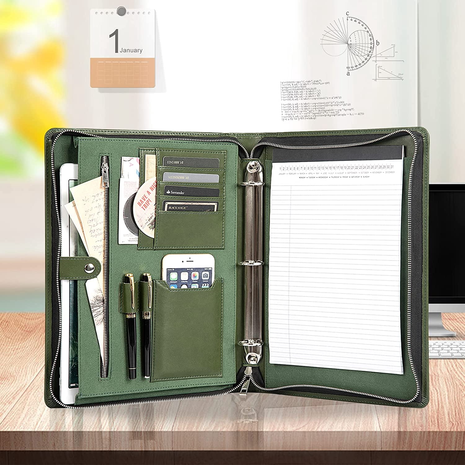 LeatherBelief Portfolio 3 Ring Binder,Vegan Leather Portfolio Binder with Zipper,Business Padfolio Organizer Notepad Holder,Portfolio Folder with Tablet for ipad Pro 13 MacBook,Green