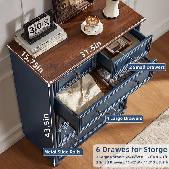 Joaxswe Wood Tall Dresser with 6 Drawers, 43.5''H Farmhouse Dresser for Bedroom, Storage Cabinet for Living Room, Dark Blue