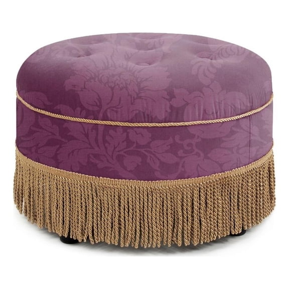 Bowery Hill 24" Round Accent Ottoman Purple Floral Sateen Jacquard w/ Gold Trim