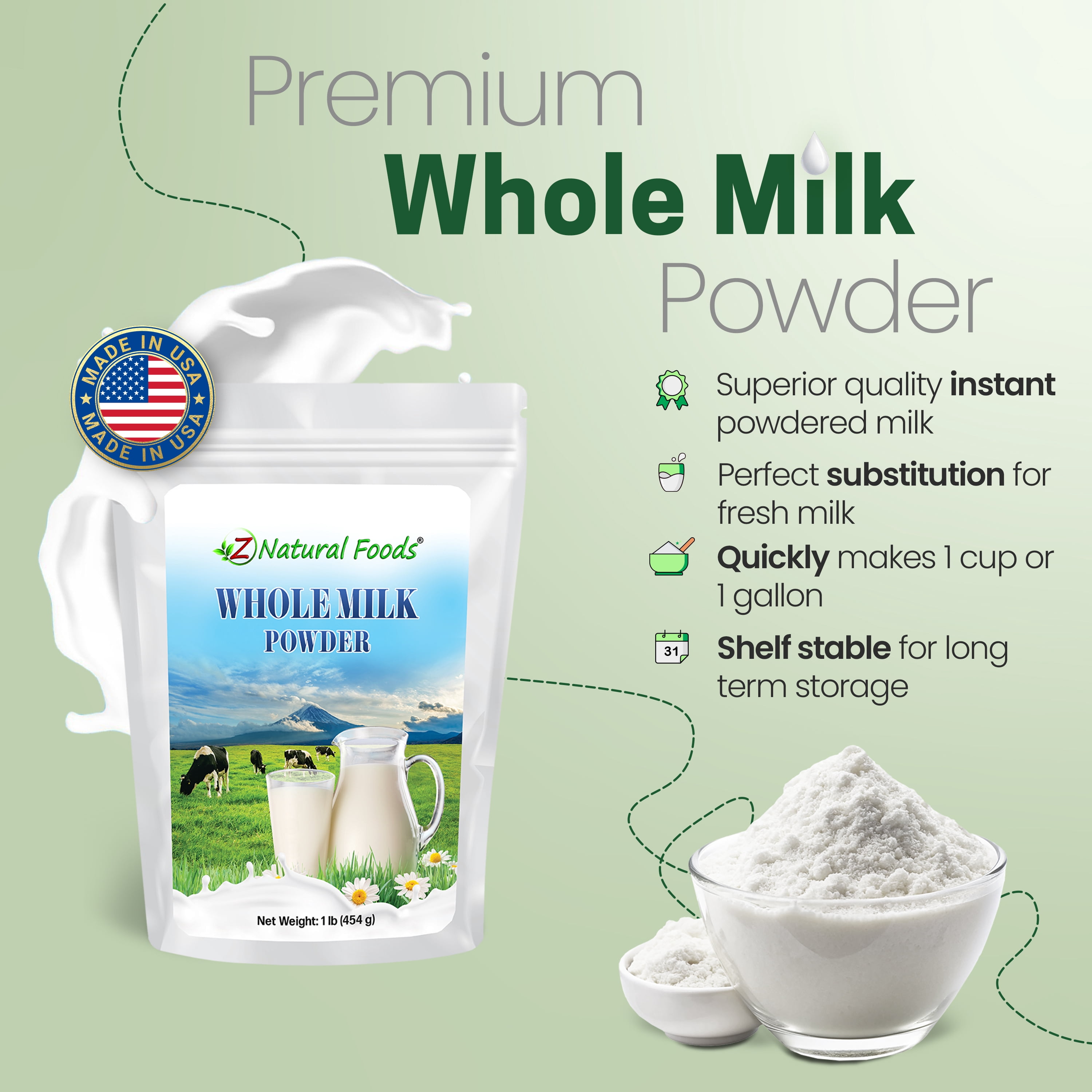 Z Natural Foods Premium Whole Milk Powder - Powdered Milk for Baking, Cooking, Drinks - Dry Milk Powder, Pasteurized, Non-GMO, Gluten-Free, Kosher-Certified, 1 lb