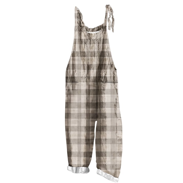 Lenpel Women's Jumpsuits Plus Size Sleeveless Spaghetti Strap Striped Plaid Straight Leg Rompers Causal Loose Overalls with Pockets