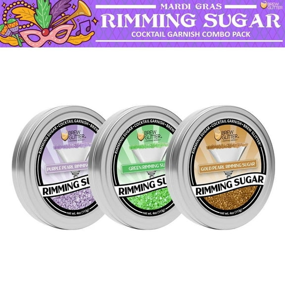 Brew Glitter - Mardi Gras Cocktail Rimming Sugar "Mardi On" Combo 3 Pack (4oz each) for Cocktails, Mocktails, Beer and Soda!