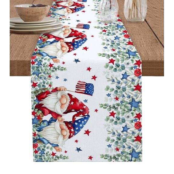 Independence Day Table Runner 72 Inches, Gnomes American Flag Eucalyptus Leaf Bed Runner Dresser Scarves Tabletop for Indoor Outdoor Parties/Ceremony/Banquet, 13" x 72"