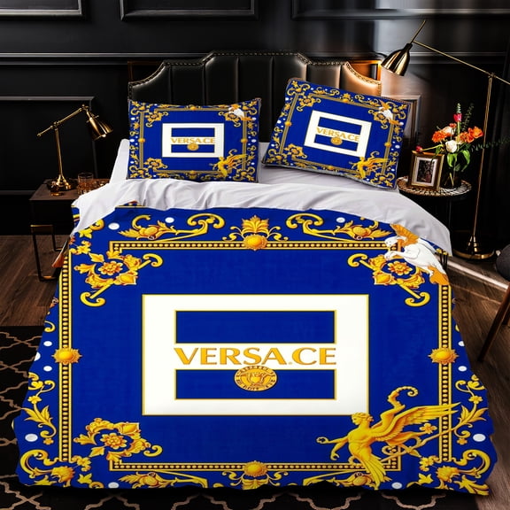 3-Piece Duvet Cover Set - Royal Blue with Gold Floral Motifs & Luxurious Bedding for Elegant Bedrooms