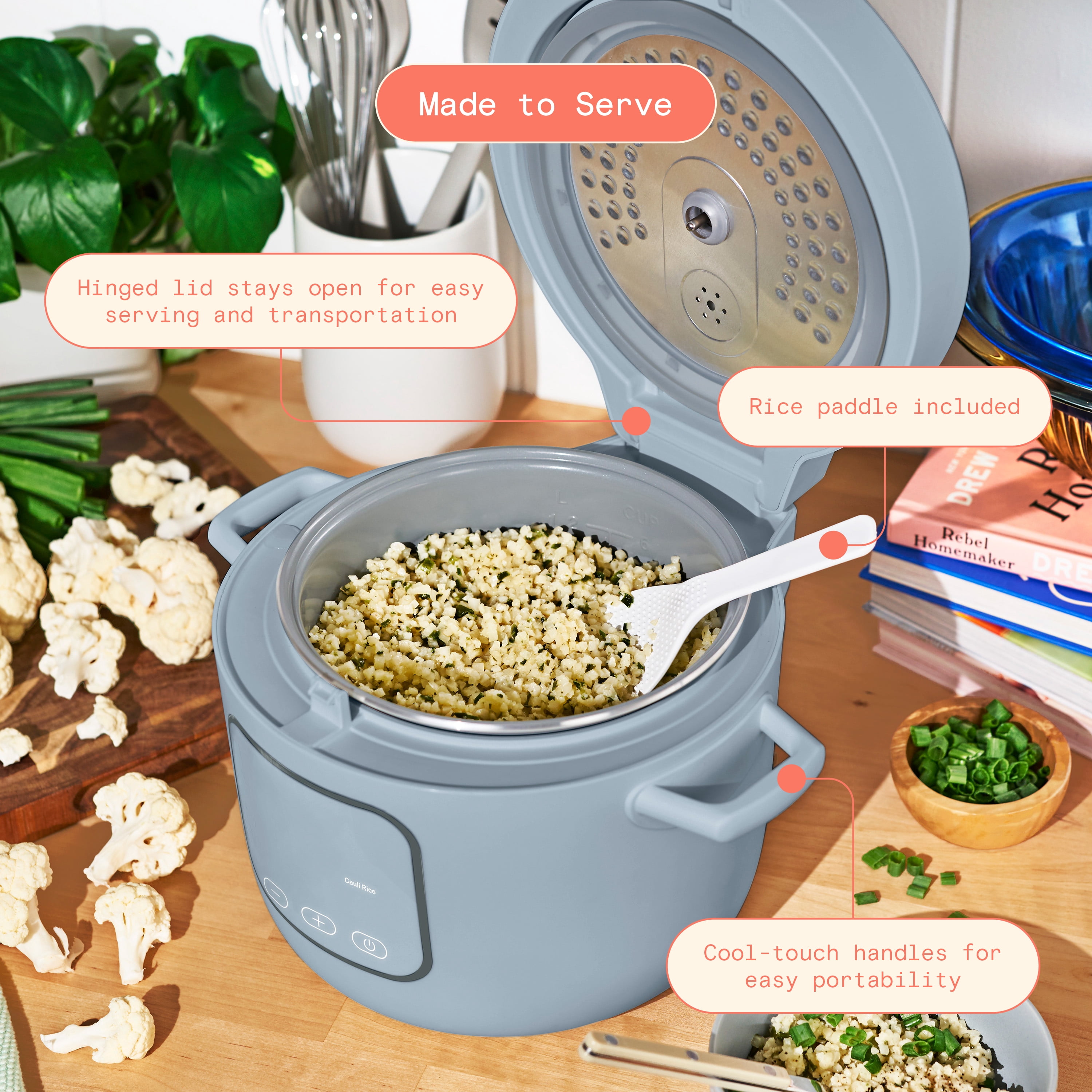 Beautiful 14-Cup Cooked, 6-Cups Uncooked Electric Rice and Grain Cooker, EverGood™ Ceramic Nonstick Coating, Cornflower Blue by Drew Barrymore