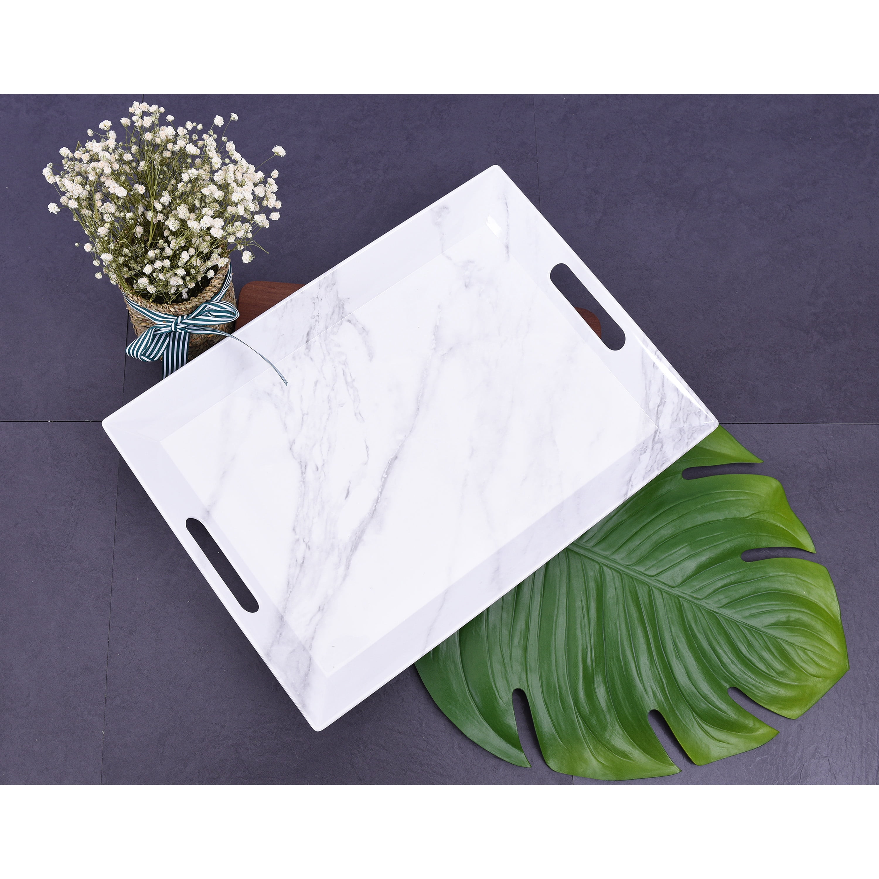Better Homes & Gardens Marble Print Melamine Handled Rectangle Serving Tray, White