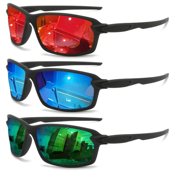3 Pairs Windproof Polarized Sports Sunglasses for Men Women, Colorful Mirror Cycling Fishing Glasses with UV Protection(Red Blue Green)