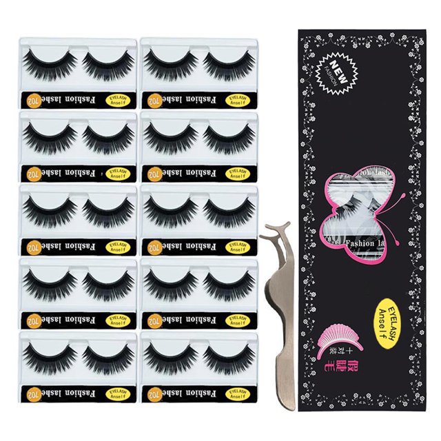 Anself Juego de 10 Pares de Pestañas Postizas Voluminosas y Naturales con Aplicador, Modelo 702, Color Negro, Ideal para Fiestas y Bodas