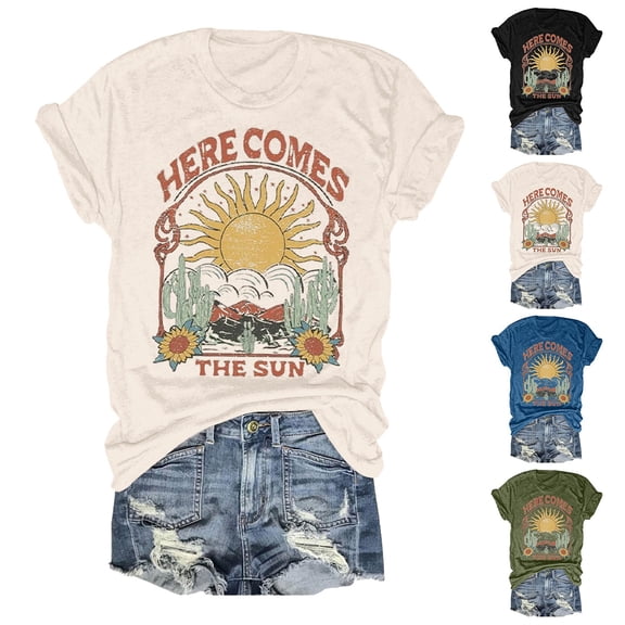 QHWAUAKFBN Womens T Shirts Graphic Here Comes The Sun Graphic Tees Retro Vintage Hippie Tshirts Top