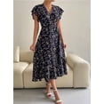 thumbnail image 6 of Navy Blue Floral Print Ruffle Sleeve Wrap High-Low Maxi Dress For Women, 6 of 8