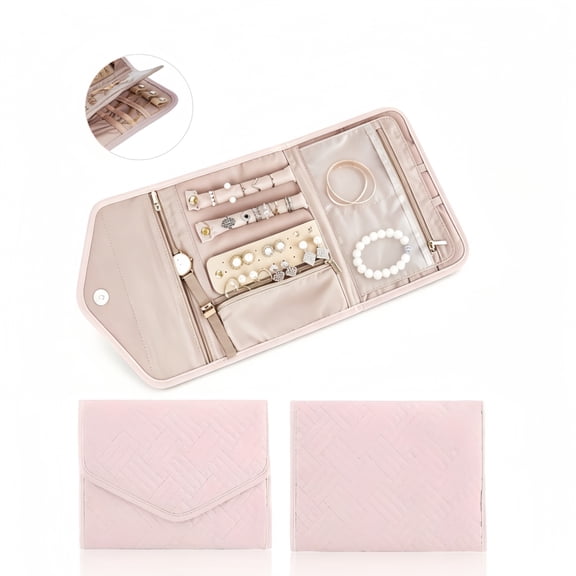 Travel Jewelry Organizer Roll , Foldable Storage Case for Earrings, Necklaces, Rings, Bracelets, Brooches, Pink