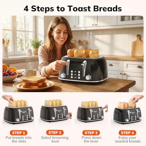 Toaster 4 Slice, Retro Stainless Steel Wide Slot Toaster with Dual Independent Controls, 6 Browning Levels, Bagel, Defrost, Reheat & Cancel, Removable Crumb Tray, Black