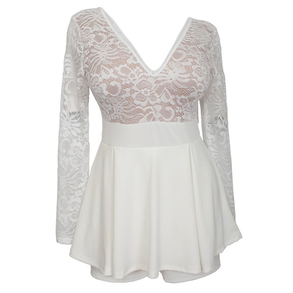 eVogues Plus size Lace Overlay Romper Dress Ivory