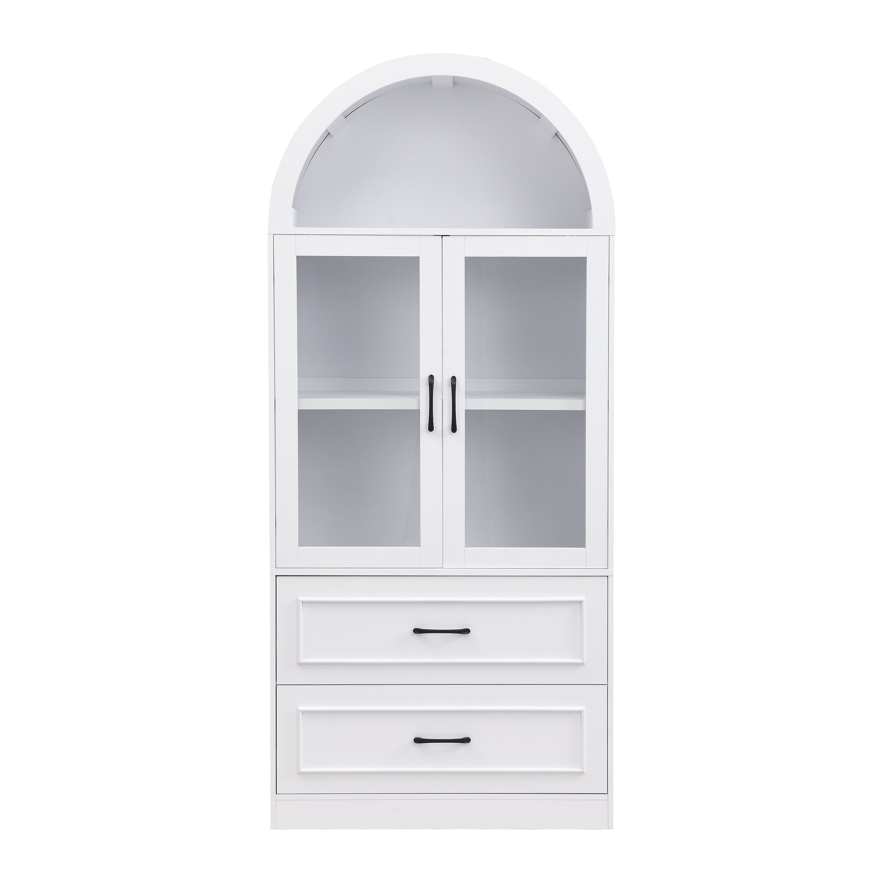 Arched Top Storage Cabinet with Tempered Glass Doors, Fixed 2-Tier Shelves, 2 Large Drawers, Soft Close Hinges & Exquisite Metal Handles, White