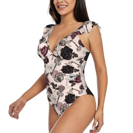 KLL Retro Red Black Roses for Women s Ruffled One Piece Swimsuit Tummy Control Bathing Suit V Neck Swimwear