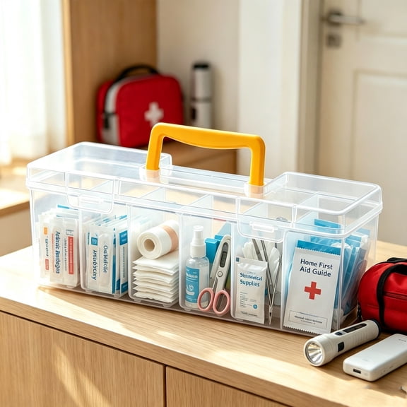 Audessy Clear First Aid Kit Organizer Box with Handle, Portable Multi-Compartment Medicine Storage Case for Home, Travel & Car Emergency Supplies