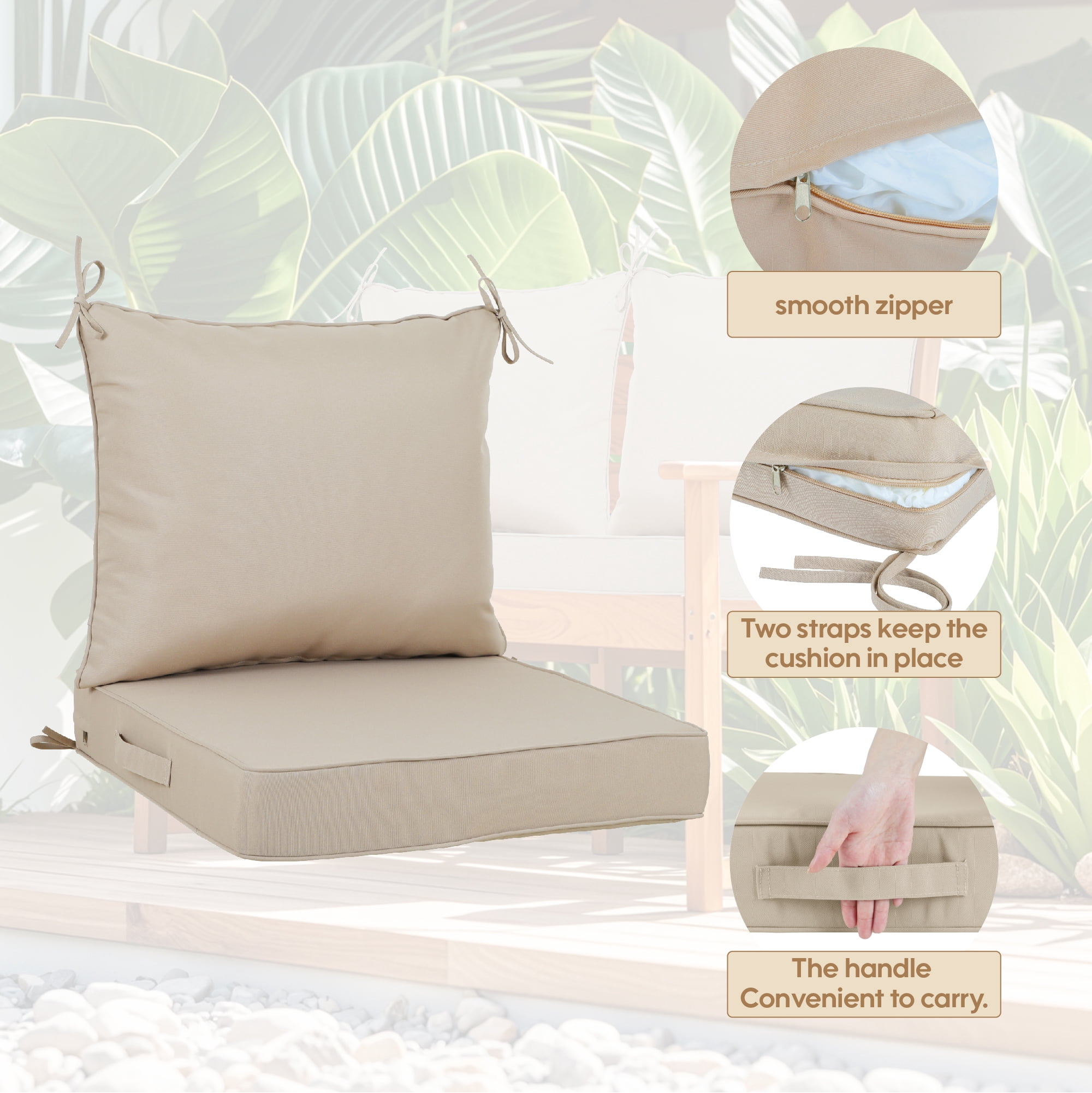 2 PCS Set 24x24 in Outdoor Deep Seat Cushion- Waterproof Fade-Resistant Patio Furniture Cushions with Removable Covers, Adjustable Straps & Handles,Beige