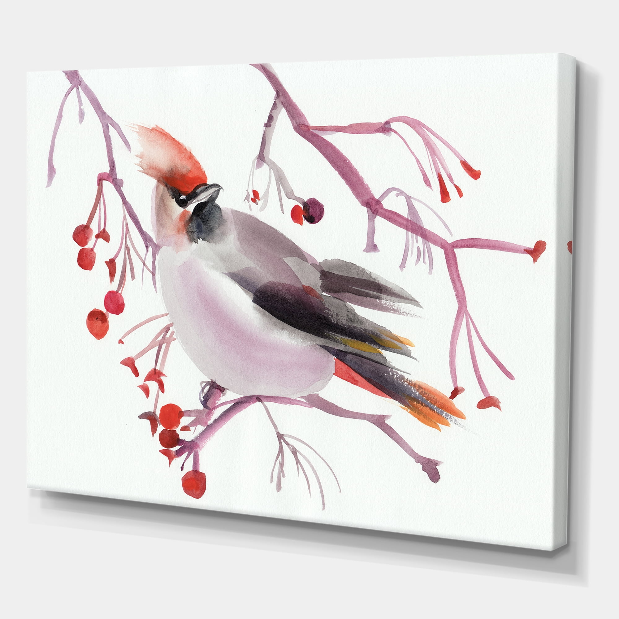 Designart ' Waxwing Bird Sitting On A Branch ' Traditional Canvas Wall Art Print