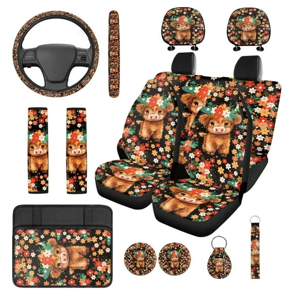 Yuyamidu Highland Cow Auto Seat Cover Full Set 14 Pack Car Accessories Colorful Flower Steering Wheel Cover Armrest Cover Seatbelt Shoulder Pad Headrest Covers Cup Mat Key Ring
