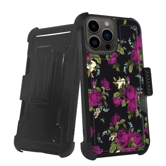 ANJ Rugged Shockproof Holster Case w/Card Slot, Kickstand Tempered Glass for iPhone 13 Pro (6.1") - Enchanted Roses