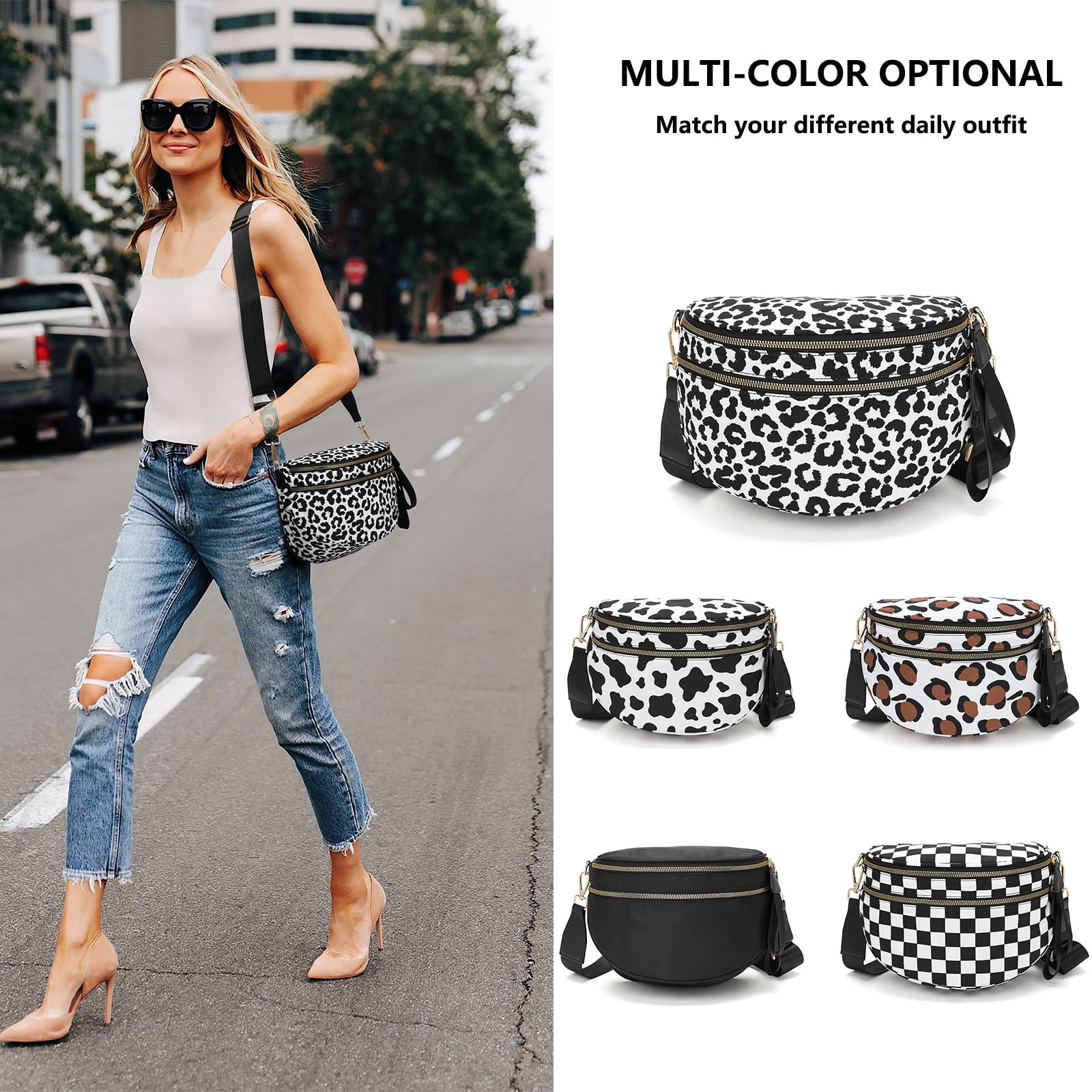 Jia Store Crossbody Bag,Checkered Purse for Women Black and White Bum Bag Fanny Packs Belt Bag Sling Bag with Shoulder Strap