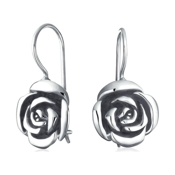 Bling Jewelry Womens Romantic Black Rose Flower Drop Earrings French Wire Oxidized Sterling Silver