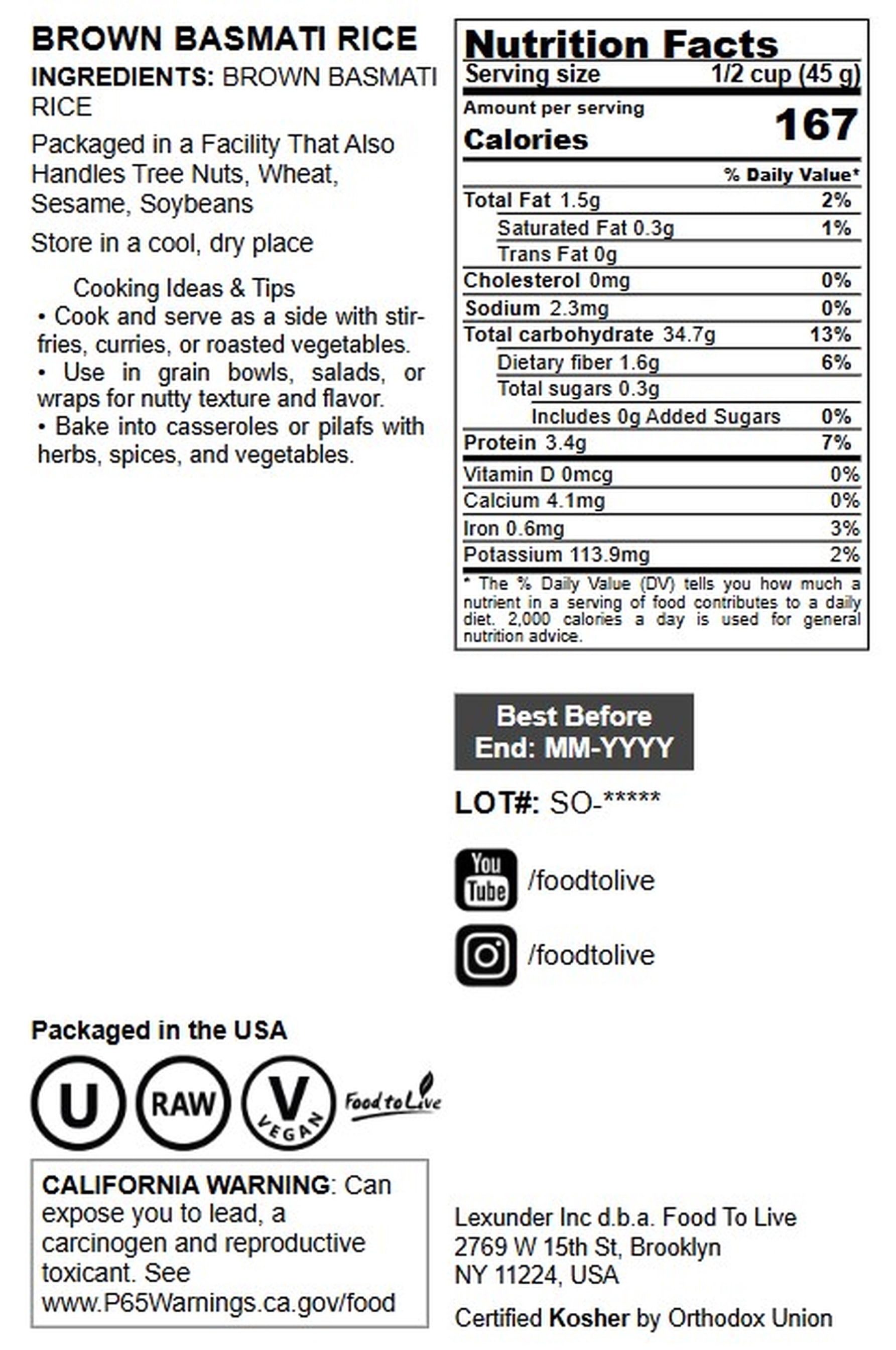 Brown Basmati Rice, 10 Pounds — Raw, Vegan, Kosher — by Food to Live
