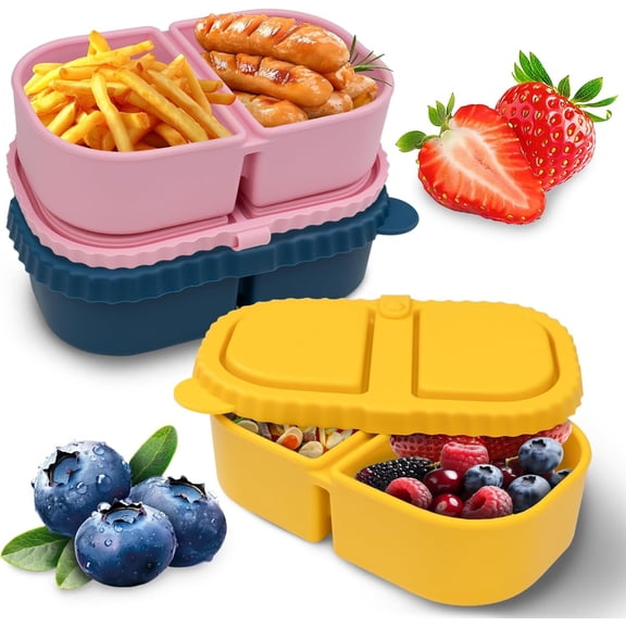 GoXteam 3 Pack Silicone Reusable Snack Containers with Lids, Double Compartment Snack Box Portable Food Containers for Sauce and Salad, Suitable for School, Picnic, Office