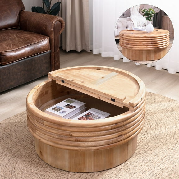 GZXS 30.3" Round Wooden Coffee Table with Lift-Top & Hidden Storage – Modern Farmhouse Accent Center Table for Living Room, Natural Finish