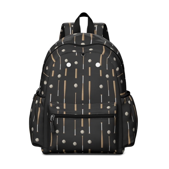 Baseballs Bats Black Pattern Cute School Backpack with Padded Back and Adjustable Shoulder Straps 13.4"x11"x4.7"
