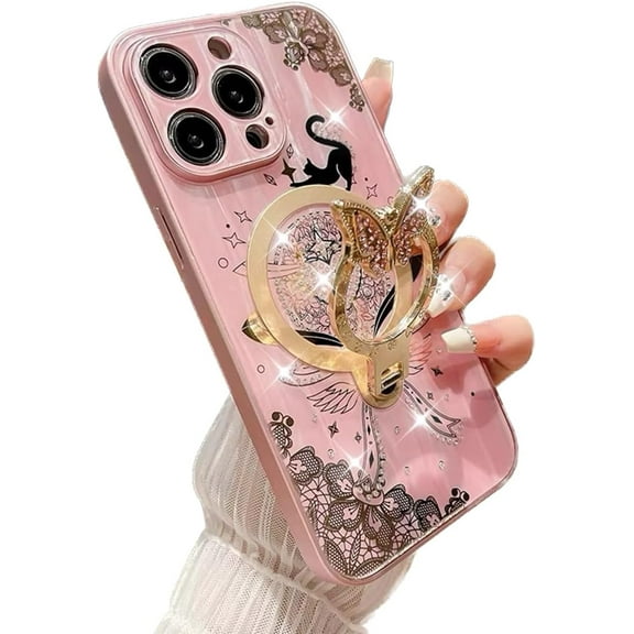 for iPhone 16 Pro Magnetic Case with Ring Holder, [Compatible with Magsafe] Bling Diamond Glitter Cute Lace Floral Cat Butterfly Kickstand Girly Woman Shockproof Phone Cover for 16 Pro (Pink)