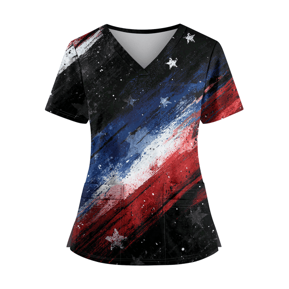 Women 250th Anniversary Scrub Tops American Flag Print United States Patriotic Star Short Sleeve Tshirt V Neck Relaxed Fit Daily Wear Nursing Uniforms with Pockets, #01 Navy, XXL