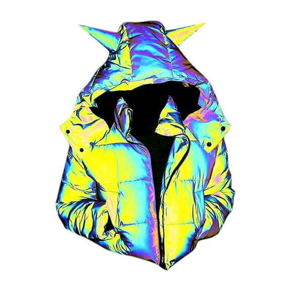TAIAOJING Women Rainbow Laser Puff Coat Rainbow Hop Black Reflective Jacket For Detachable Hooded Zipper Warm Short With Pockets Fashion Fall Coats