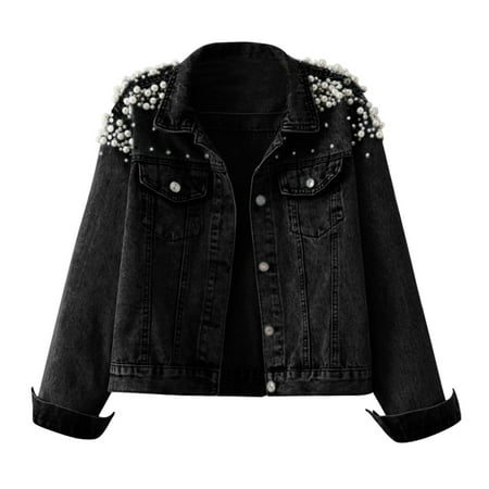 

ASEIDFNSA Black Scrub Jackets for Women Distressed Jacket Women S Pearls Beading Denim Jackets Slim Embroidered Short Jean Coat Outerwear Denim Coat