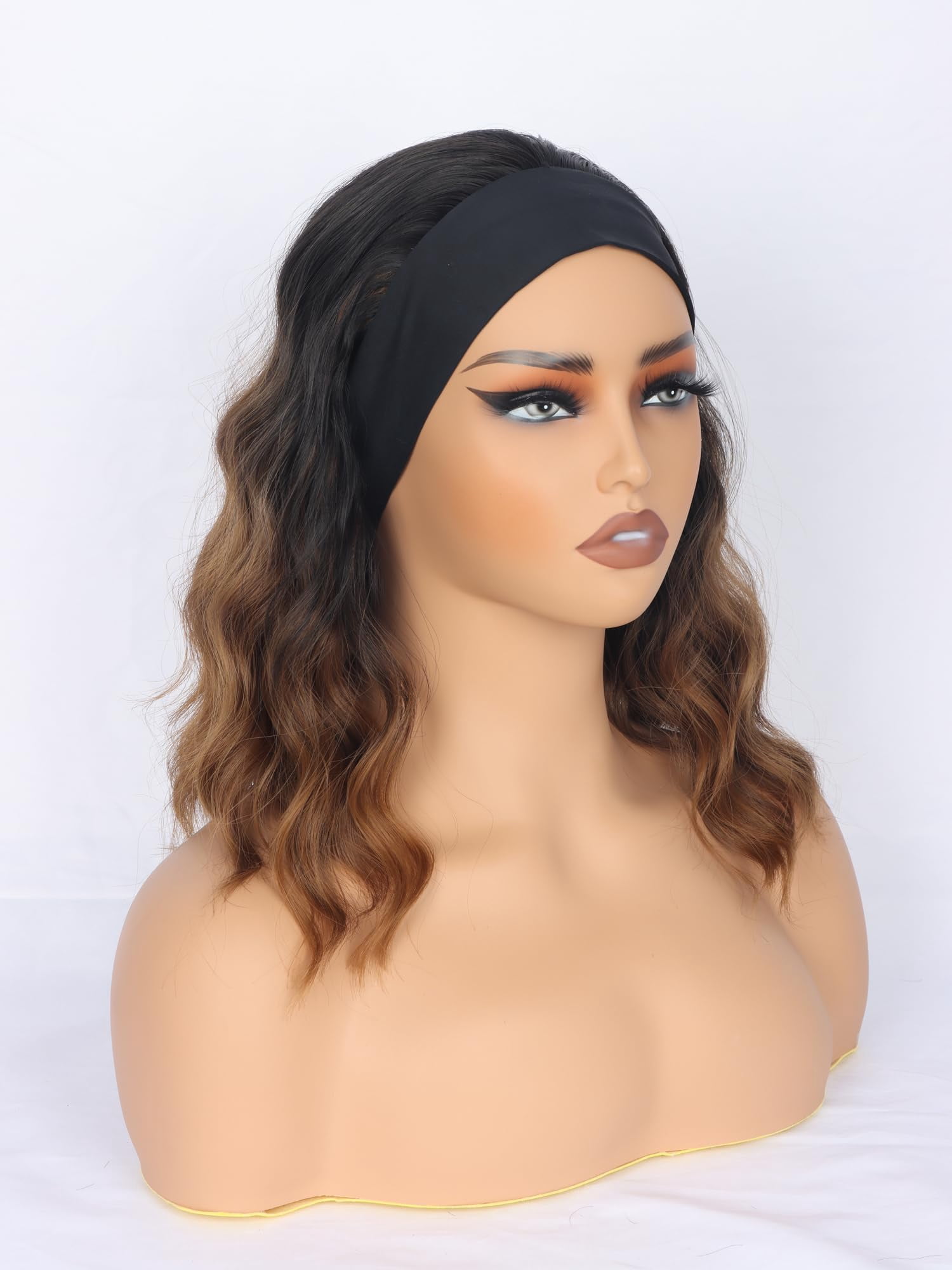 Black Headband Wigs With Brown Highlights For Women 14 Inch Wavy Heat Resistant Synthetic Soft Light Natural Looking Hair Replacement Wigs