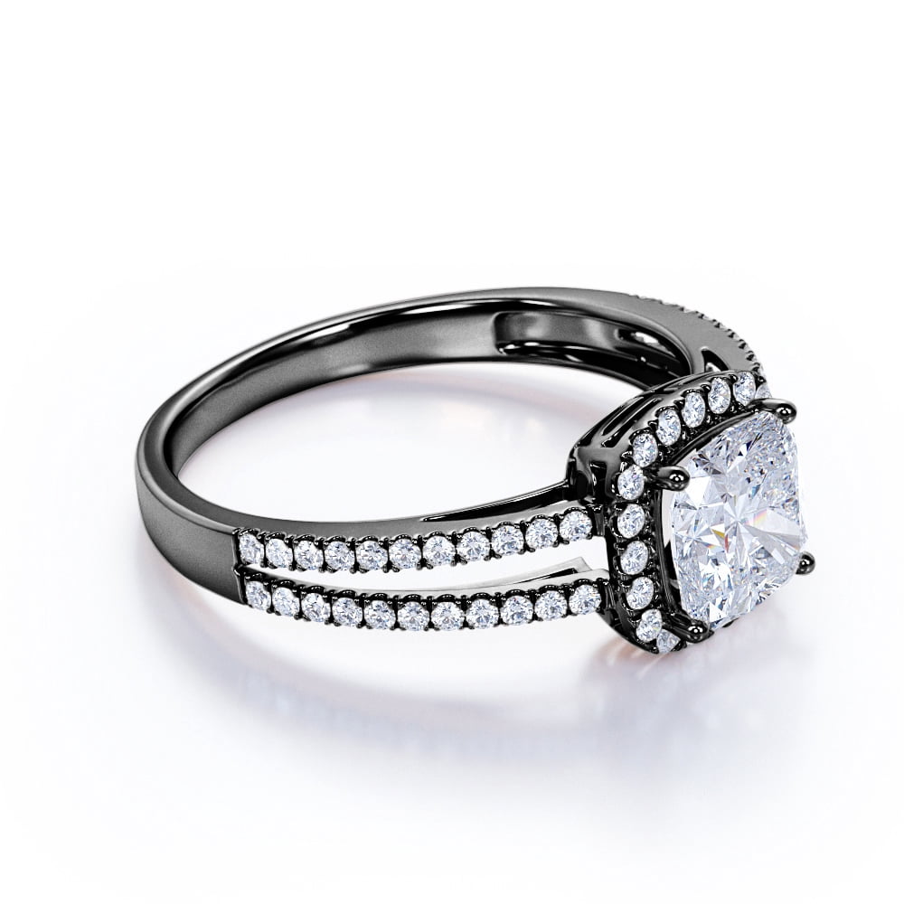 JeenMata 1.25 Carat Cushion Cut Moissanite - Halo - Split Shank Engagement Ring - 18K Black Gold Plating Over Silver