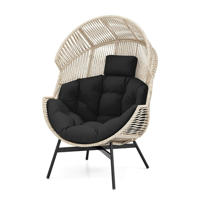 Gymax Fauteuil Oeuf Fixe en Osier, Fauteuil Panier Lounge avec Cadre en Métal Robuste, Noir