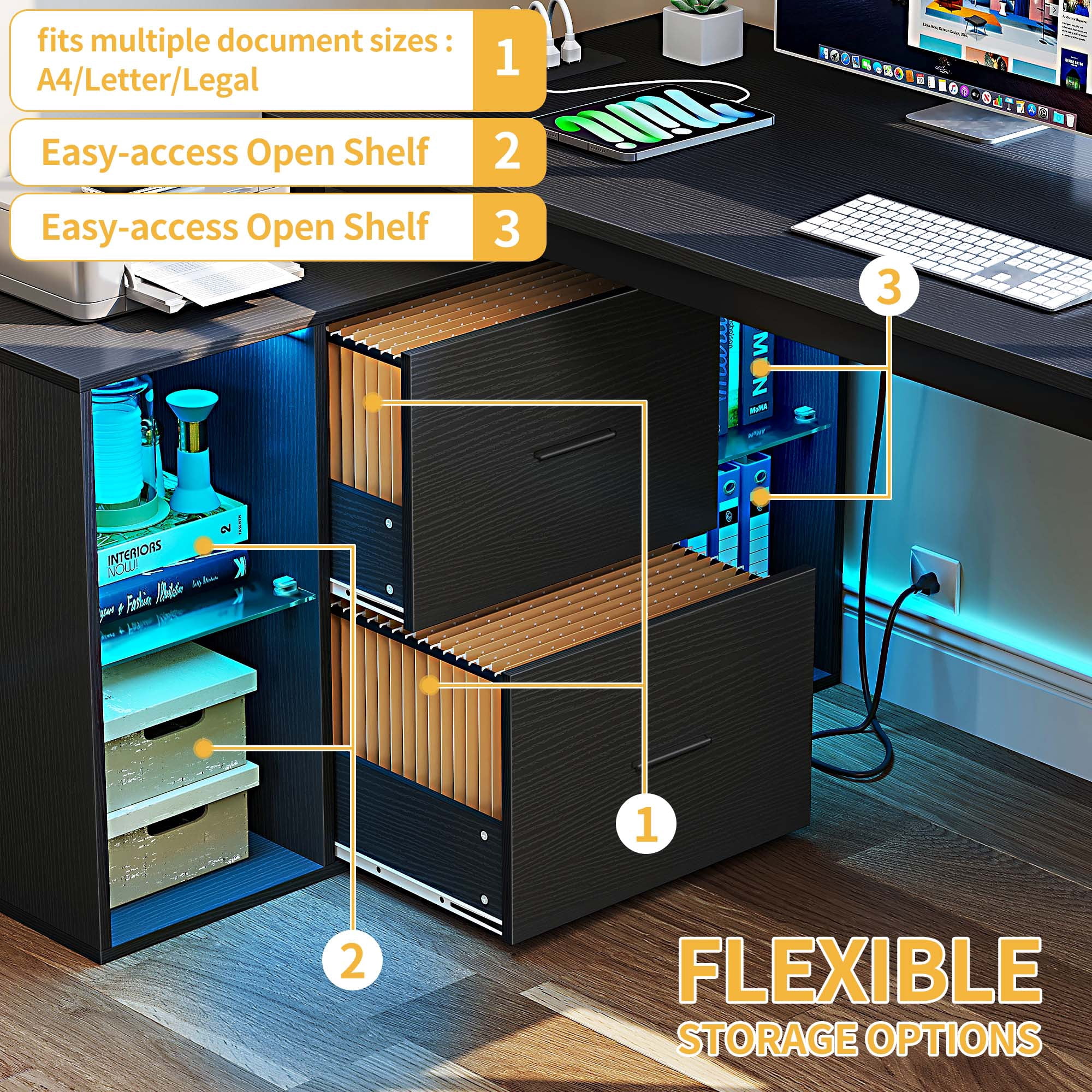 DWVO L Shaped Desk with LED Light & Power Outlets, 55 Inch Reversible Corner Desk with File Cabinet & Storage Shelves, Computer Desk Office Desk Writing Desk for Home Office, Black